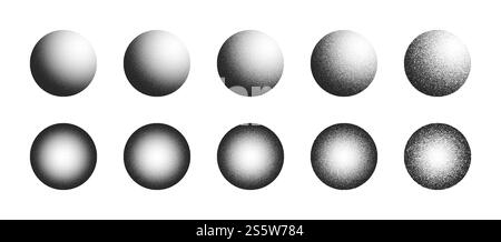 Dotwork Hand Drawn Abstract Stippled 3D Spheres Set In Different Variations On White Background Stock Photo