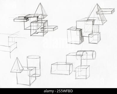 training hand drawn sketches of various geometric shapes on white paper by lead pencil Stock Photo