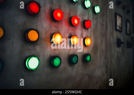 Array of red, green and yellow industrial signal lamp indicators on old and rustic electrical power control center panel Stock Photo