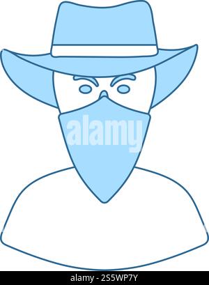 Cowboy With A Scarf On Face Icon. Thin Line With Blue Fill Design. Vector Illustration. Stock Vector
