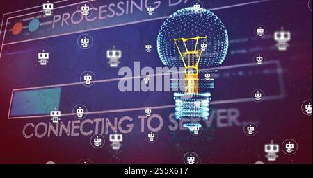 Image of digital lightbulb and robot icons over loading bar and data processing Stock Photo