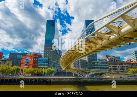 Modern architecture of skyscrapers and a curved bridge over the river Nervion in Bilbao, Basque Country, Spain Stock Photo