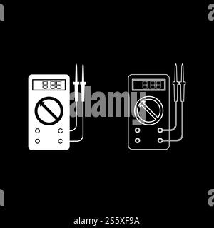 Digital multimeter for measuring electrical indicators AC DC voltage amperage ohmmeter power with probes icon outline set white color vector illustration flat style simple image Stock Vector