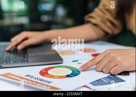 Selective focus, close up hands of Young woman use smartphone while working on laptop and paperwork or report presenting Project growth graph at cafe Stock Photo