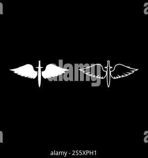 Wings and sword symbol cadets Winged blade weapon medieval age Warrior insignia Blazon bravery concept icon outline set white color vector illustration flat style simple image Stock Vector