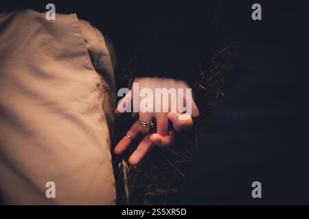 Two men are gently holding hands, lying on the grass, expressing their love and affection for each other. Their relationship is romantic and loving. Stock Photo
