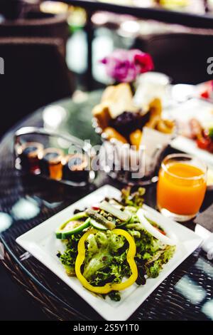 Full American Breakfast Huge healthy breakfast spread on a table with coffee Breakfast served with coffee English breakfast fried egg croissants Stock Photo