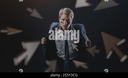 A lot of tasks at work, multitasking, a concept. Computer cursors attack a man in a business suit who aggressively opens his jacket Stock Photo