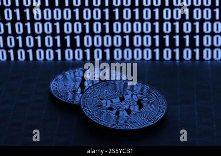 A pair of bitcoins lies on a cardboard surface on the background of a monitor depicting a binary code of bright zeros and one units on a black Stock Photo