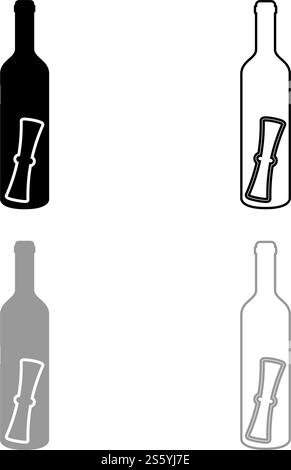 Bottle with letter Message concept Folded scroll document in old container icon outline set black grey color vector illustration flat style simple image. Bottle with letter Message concept Folded scroll document in old container icon outline set black grey color vector illustration flat style image Stock Vector