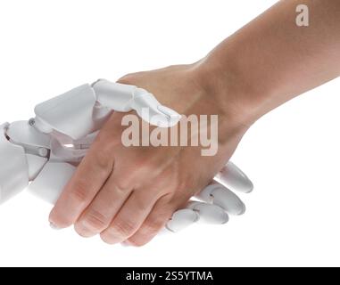 Artificial intelligence. Woman shaking hands with robot on white background, closeup Stock Photo