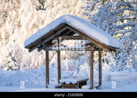 Rest area in winter forest for tourists, travellers. Wooden shelter with bench, table and snow covered roof. Little shelter shack in woodland. Stock Photo