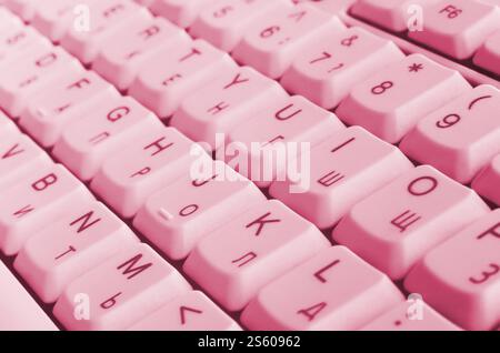 Close-up of the white computer classic keyboard Image toned in Viva Magenta, color of the 2023 year. White computer keyboard Image toned in Viva Stock Photo