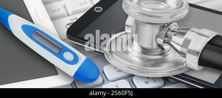 Medicine online with mobile, stethoscope, PC keyboard and Thermometer close up Stock Photo