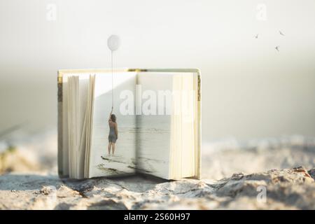 Woman Holding a Balloon in Her Hand as It Flies Out of an Open Book Stock Photo