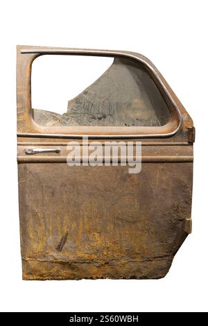 A rusty vintage car door with broken glass window isolated on white background symbolizing decay and history Stock Photo