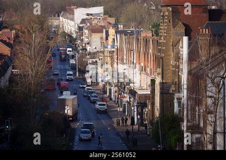 An aerial view of the A1 Archway Road seen from Hornsey Lane, on 14th January 2025, in London, England. Stock Photo