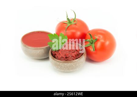 Traditional turkish tomato paste and sauce in dish with fresh tomatoes isolated on white background Stock Photo