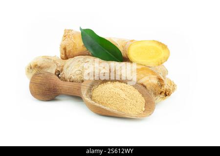 Fresh ginger root and ginger powder in wooden spoon isolated on white background, healthy spice, alternative medicine Stock Photo