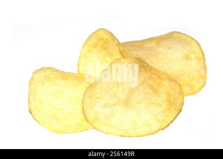 Close Up of Potato Chip Crisps on White Background Stock Photo