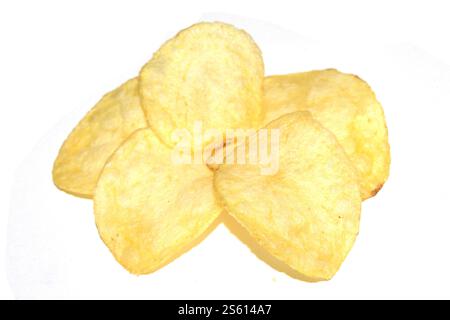 Close Up of Potato Chip Crisps on White Background Stock Photo