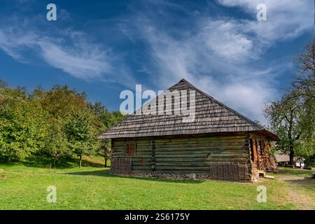 Historic rural house with traditional architecture in open-air museum. Ancient wooden farmhouse with traditional thatched roof on green meadow Stock Photo