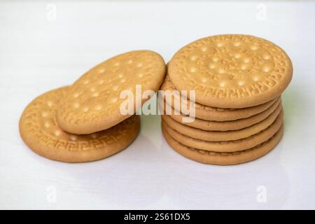 Pile of Marie biscuits isolated on white background. Stock Photo