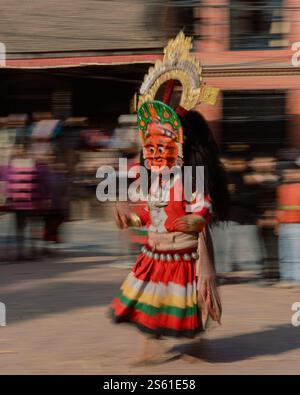 Bhaktapur, Nepal. 15th Jan, 2025. Traditional masked dancers perform during the 'Nawa Durga Nach' Hindu dance festival in Bhaktapur, Nepal, On 15 January, 2025. Nava Durga Naach is an indigenous festival of Bhaktapur, which is a mask dance ceremony of the nine Durgas. (Photo by Amit Machamasi/NurPhoto)0 Credit: NurPhoto SRL/Alamy Live News Stock Photo