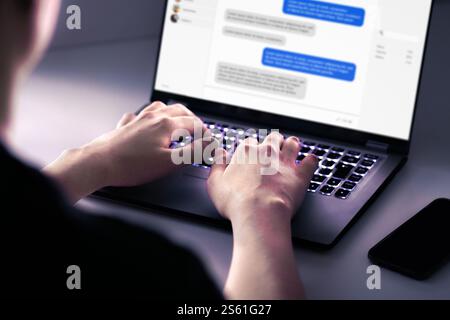 Scam online dating and fraud romance. Internet scammer. Social media love. Cheating, infidelity or catfish with fake profile on internet. Chat message. Stock Photo