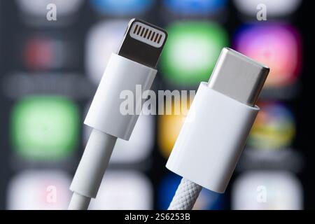 Rottweil, Germany. 15th Jan, 2025. A Lightning (l) and a USB-C charging cable are held in front of an iPhone 16 with apps open. Credit: Silas Stein/dpa/Ģ����ý Live News Stock Photo