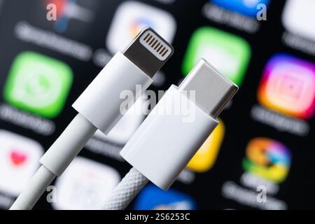 Rottweil, Germany. 15th Jan, 2025. A Lightning (l) and a USB-C charging cable are held in front of an iPhone 16 with apps open. Credit: Silas Stein/dpa/Ģ����ý Live News Stock Photo
