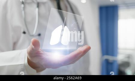 A doctor examines lung X-ray images to diagnose lung cancer using artificial intelligence. Advanced AI technology enhances accuracy in detecting and t Stock Photo