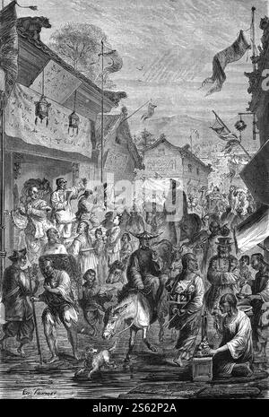 Busy Main Street or Commercial Street in Kalgan (formerly) now Zhangjiakou, Hebei Province China. Vintage or Historic Engraving or Illustration 1860 Stock Photo