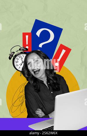 Poster trend sketch template 3D photo collage of idea logic creative technology laptop computer virtual device aged woman smile clock hr Stock Photo