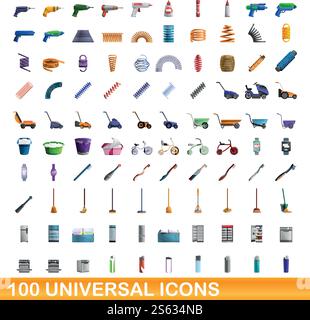 100 universal icons set. Cartoon illustration of 100 universal icons vector set isolated on white background. 100 universal icons set, cartoon style Stock Vector