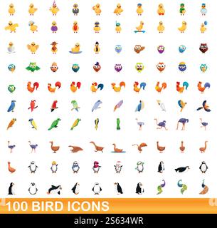 100 bird icons set. Cartoon illustration of 100 bird icons vector set isolated on white background. 100 bird icons set, cartoon style Stock Vector