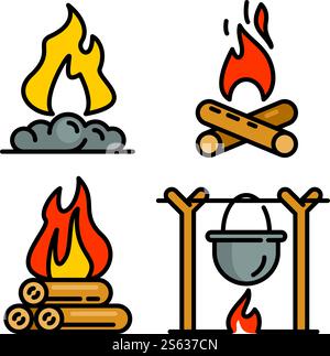 Campfire icons set. Outline set of campfire vector icons for web design isolated on white background. Campfire icons set, outline style Stock Vector