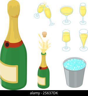 Champagne icons set. Isometric set of champagne vector icons for web design isolated on white background. Champagne icons set, isometric style Stock Vector