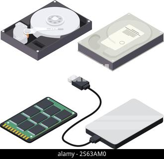 Hard disk vector icons for web design isolated on white background. Hard disk icons set, isometric style Stock Vector