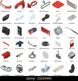 Car parts icons set. Isometric set of car parts vector icons for web design isolated on white background. Car parts icons set, isometric style Stock Vector