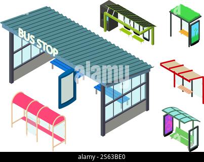 Bus stop icons set. Isometric set of bus stop vector icons for web design isolated on white background. Bus stop icons set, isometric style Stock Vector
