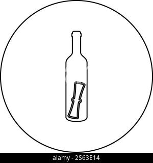 Bottle with letter Message concept Folded scroll document in old container icon in circle round outline black color vector illustration flat style simple image. Bottle with letter Message concept Folded scroll document in old container icon in circle round outline black color vector illustration flat style image Stock Vector