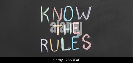 Text KNOW THE RULES on blackboard Stock Photo