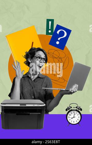 Sketch design trend artwork poster photo collage of creative logic solution virtual computer online netbook remote young lady hi meeting Stock Photo