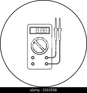 Digital multimeter for measuring electrical indicators AC DC voltage amperage ohmmeter power with probes icon in circle round outline black color vector illustration flat style simple image. Digital multimeter for measuring electrical indicators AC DC voltage amperage ohmmeter power with probes icon in circle round outline black color vector illustration flat style image Stock Vector