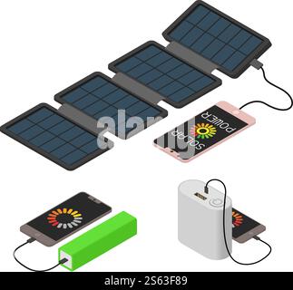 Power bank icons set. Isometric set of power bank vector icons for web design isolated on white background. Power bank icons set, isometric style Stock Vector