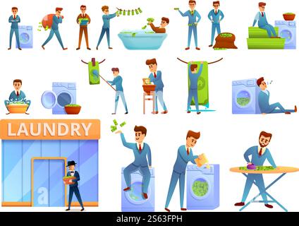 Money laundering icons set. Cartoon set of money laundering vector icons for web design. Money laundering icons set, cartoon style Stock Vector
