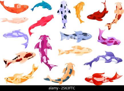 Koi carp icons set. Cartoon set of koi carp vector icons for web design. Koi carp icons set, cartoon style Stock Vector