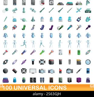 100 universal icons set. Cartoon illustration of 100 universal icons vector set isolated on white background. 100 universal icons set, cartoon style Stock Vector