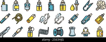 Electronic cigarette icons set. Outline set of electronic cigarette vector icons for web design isolated on white background. Electronic cigarette icons set, outline style Stock Vector
